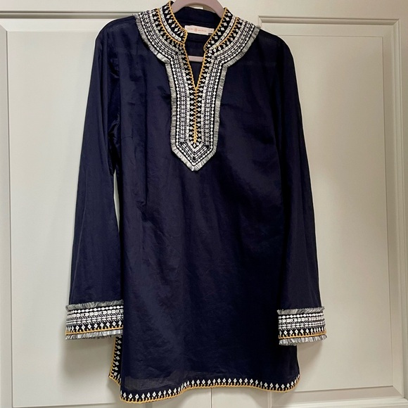 Tory Burch Tops - Tory Burch Dark Blue Embroidery Yellow White Blue Fringe Tunic Zip Side Tunic